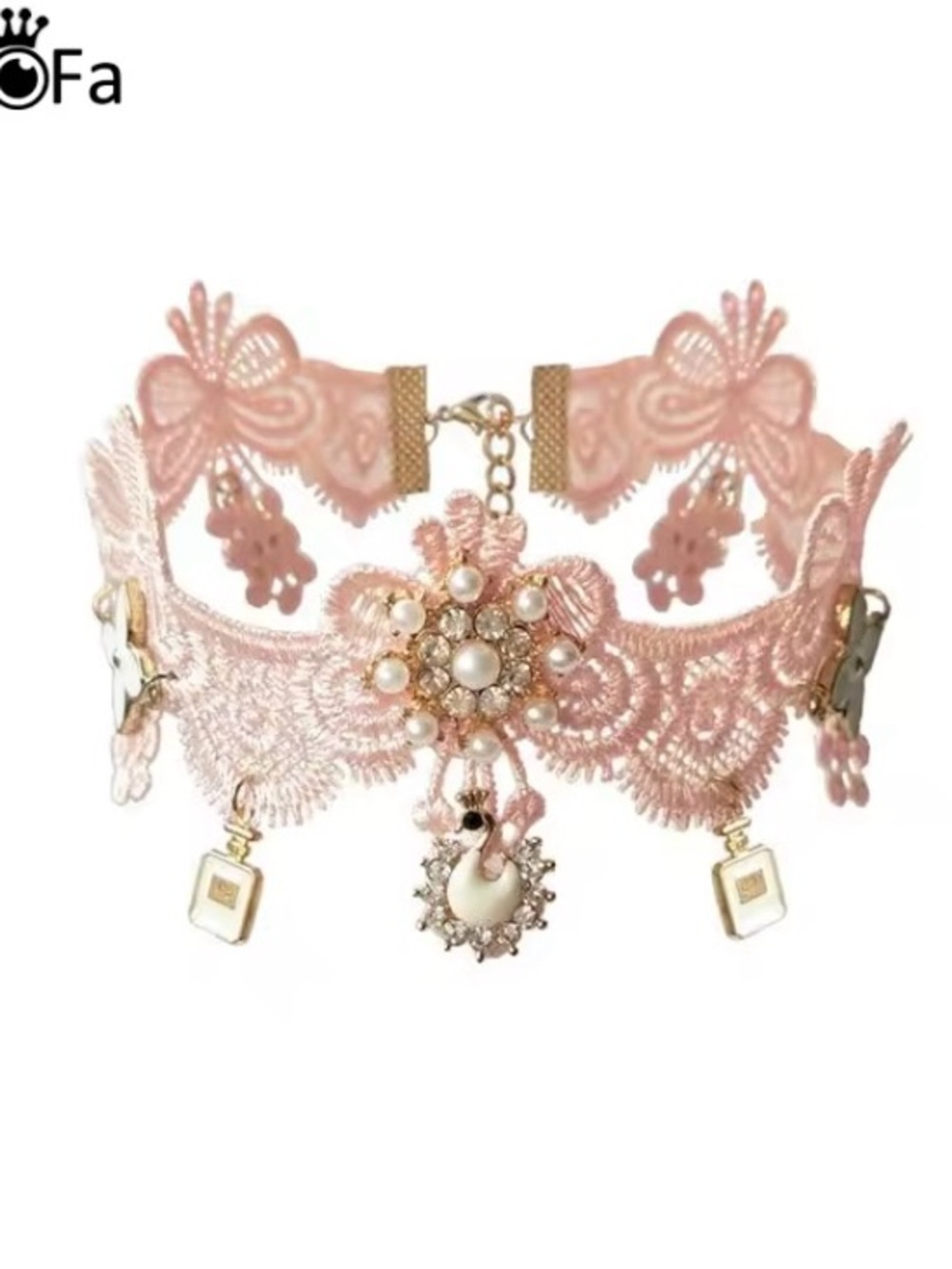 Pink / white Lace Choker Necklace with Pearl & Crystal Pendant adjustable NWT